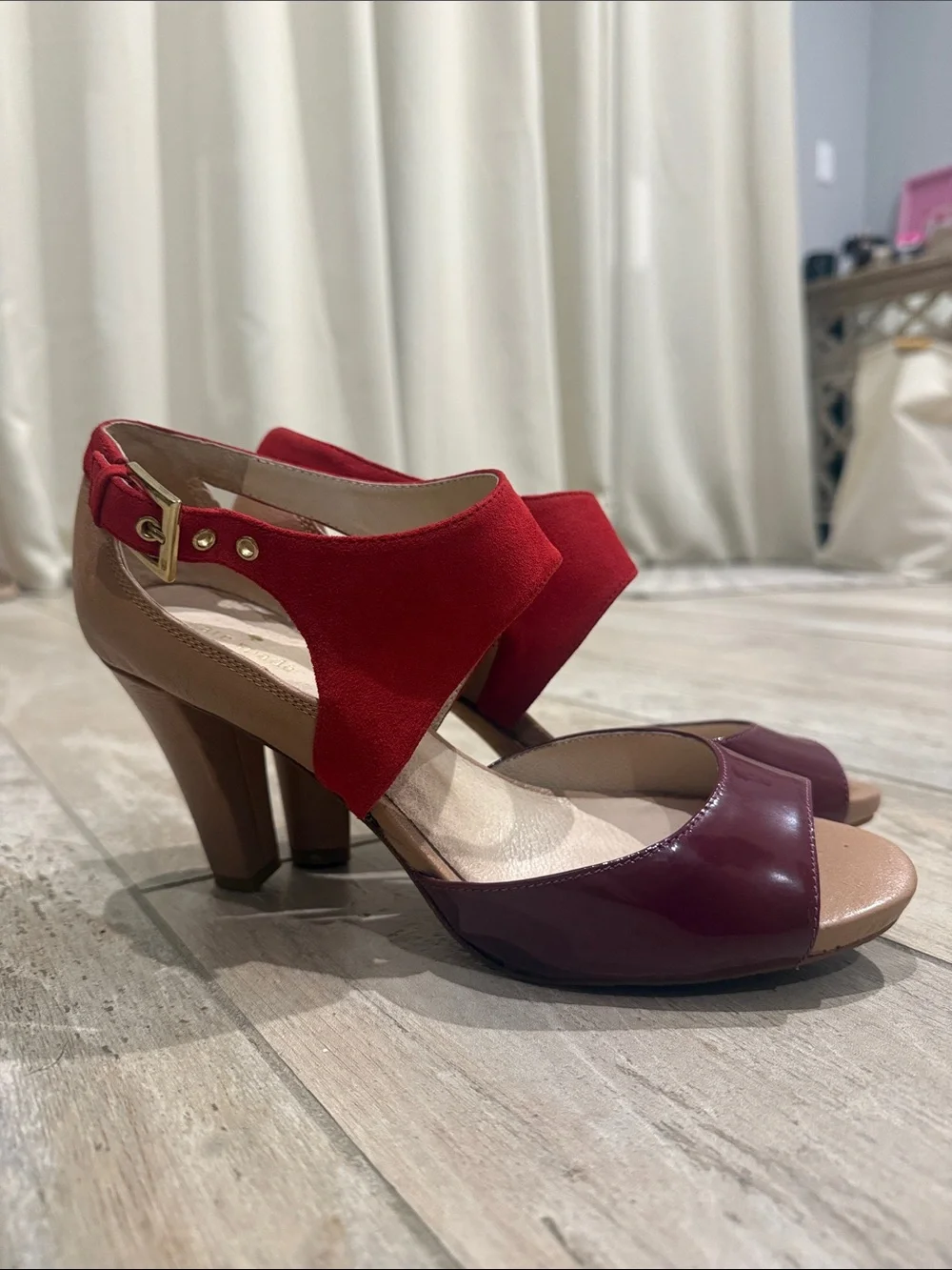 Kate Spade Women’s Red Suede & Burgundy Leather High Heel Sandals Size 8 GUC